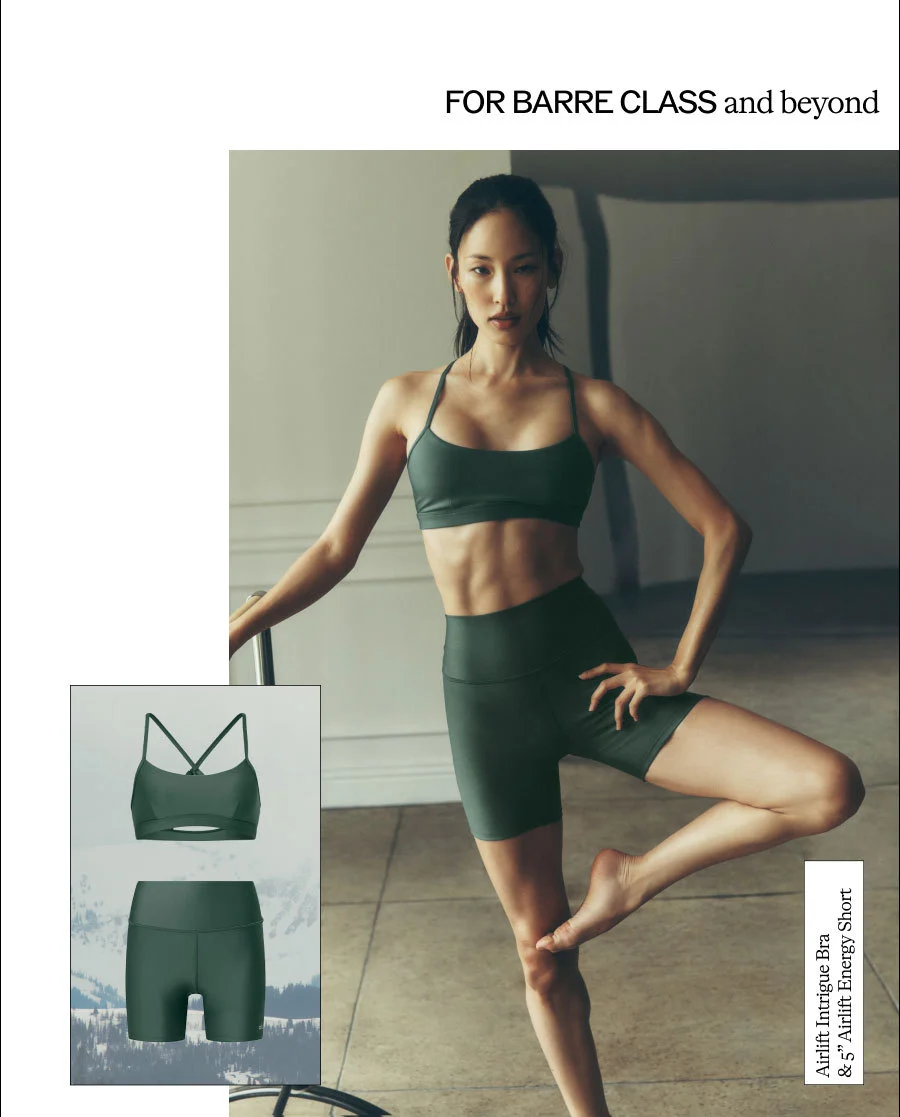 FOR BARRE CLASS AND BEYOND. AIRLIFT INTRIGUE BRA & 5'' AIRLIFT ENERGY SHORT