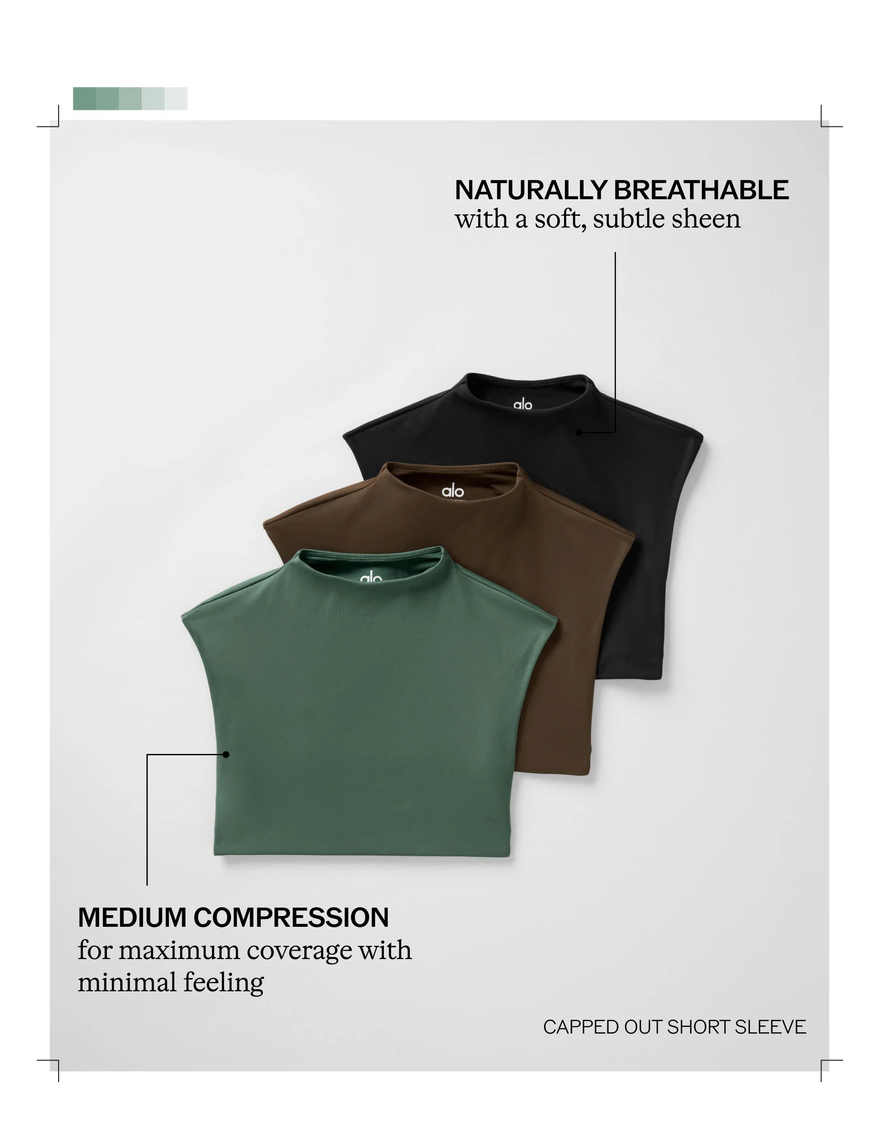 NATURALLY BREATHABLE WITH A SOFT, SUBTLE SHEEN. MEDIUM COMPRESSION FOR MAXIMUM COVERAGE WITH MINIMAL FEELING. CAPPED OUT SHORT SLEEVE