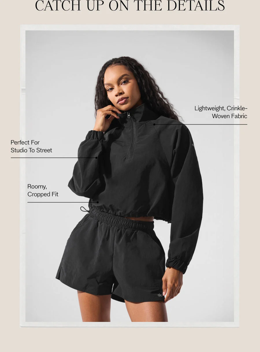 CATCH UP ON THE DETAILS. Lightweight, Crinkle-Woven Fabric. Perfect For Studio To Street. Roomy, Cropped Fit