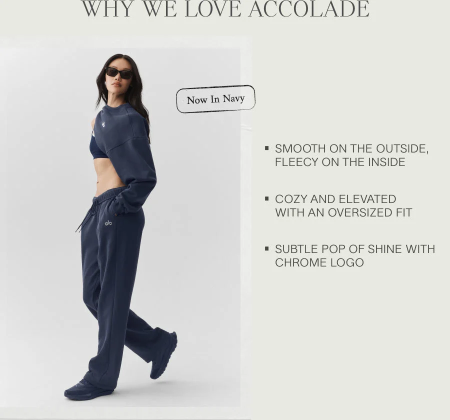 WHY WE LOVE ACCOLADE.Now In Navy.SMOOTH ON THE OUTSIDE, FLEECY ON THE INSIDE COZY AND ELEVATED WITH AN OVERSIZED FIT SUBTLE POP OF SHINE WITH CHROME LOGO
