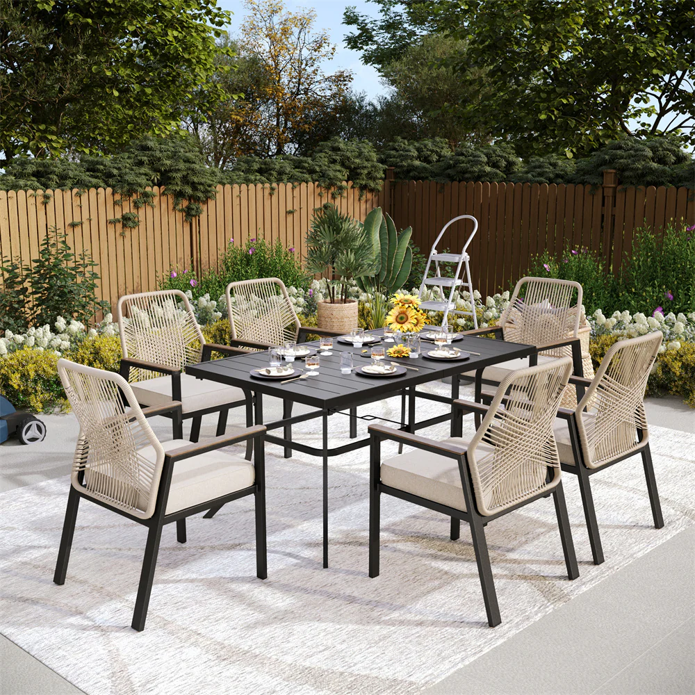 Image of PHI VILLA 7-Piece Outdoor Patio Dining Set with Handcrafted Rattan Rope Chairs