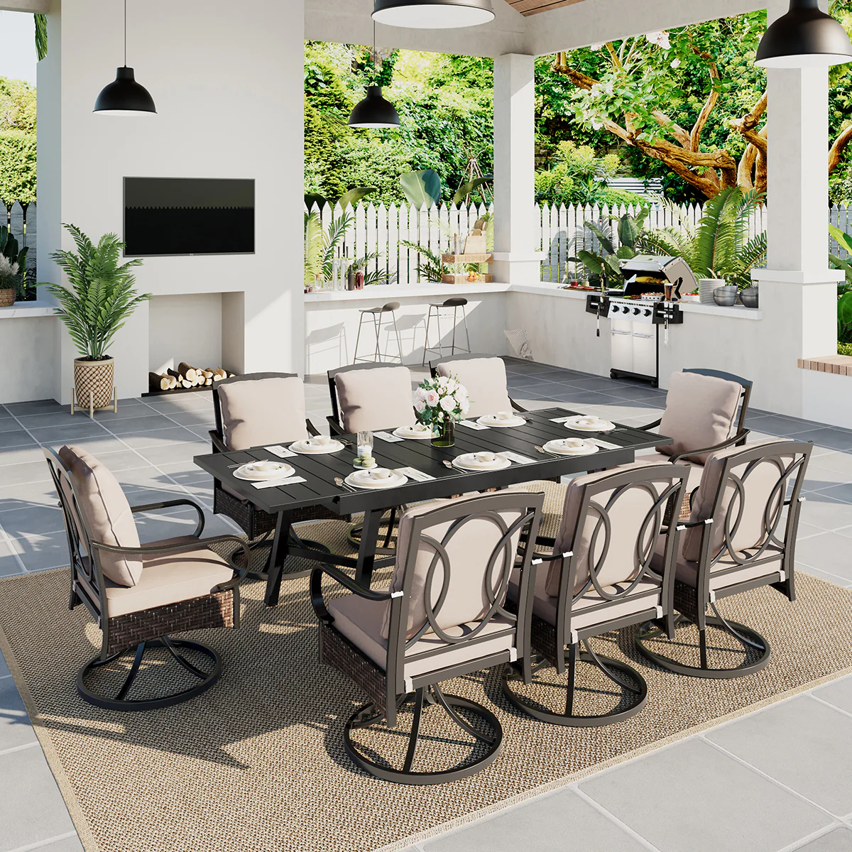 Image of Sophia & William 9/7-Piece Patio Dining Sets Reinforced Extendable Table & Thick-Cushion Swivel Chairs