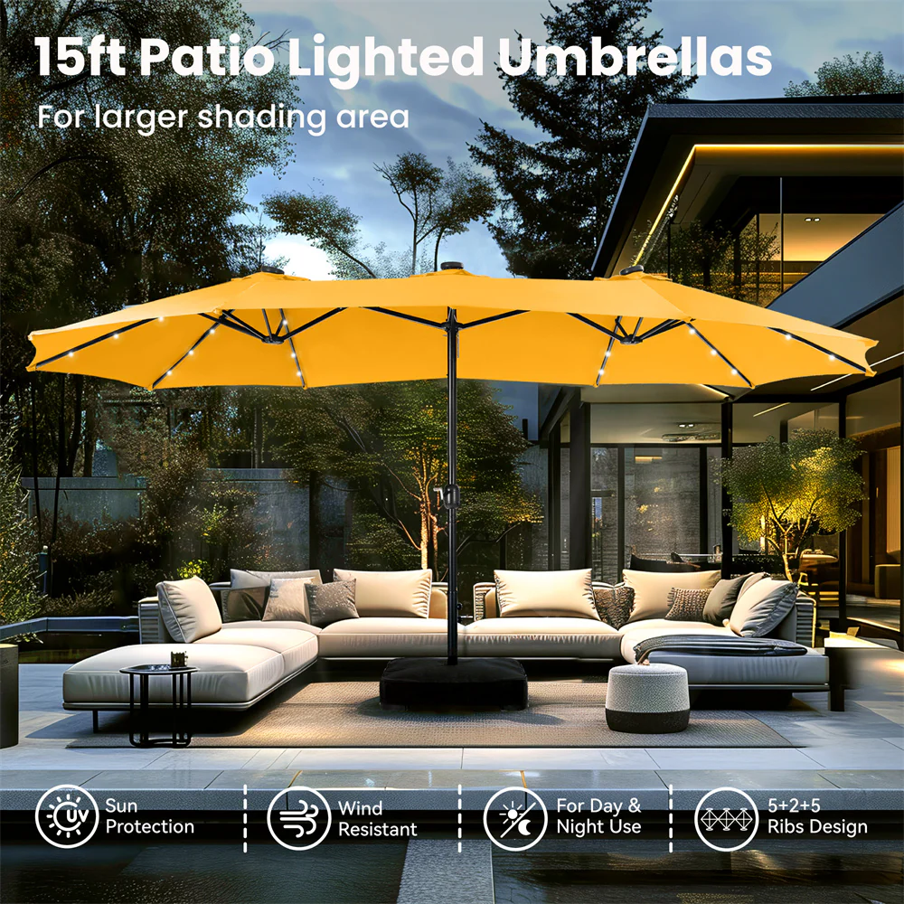 Image of PHI VILLA 15ft Extra Large Double-Sided Patio Umbrella with Solar Powered LED Lights (Base Included)