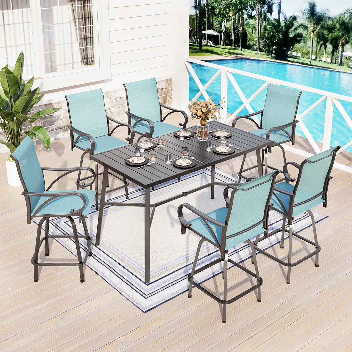 Image of MFSTUDIO 7-Piece Patio Bar Stool Set Aqua Textilene Swivel Stools