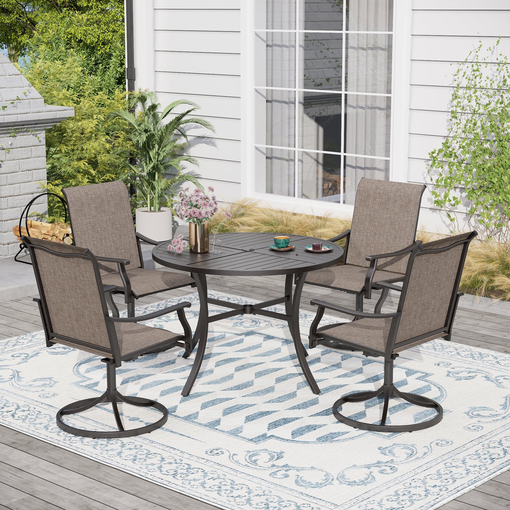 Image of PHI VILLA 5-Piece Patio Dining Set Ergo Sling Swivel Chairs & Geometrically Stamped Round Table