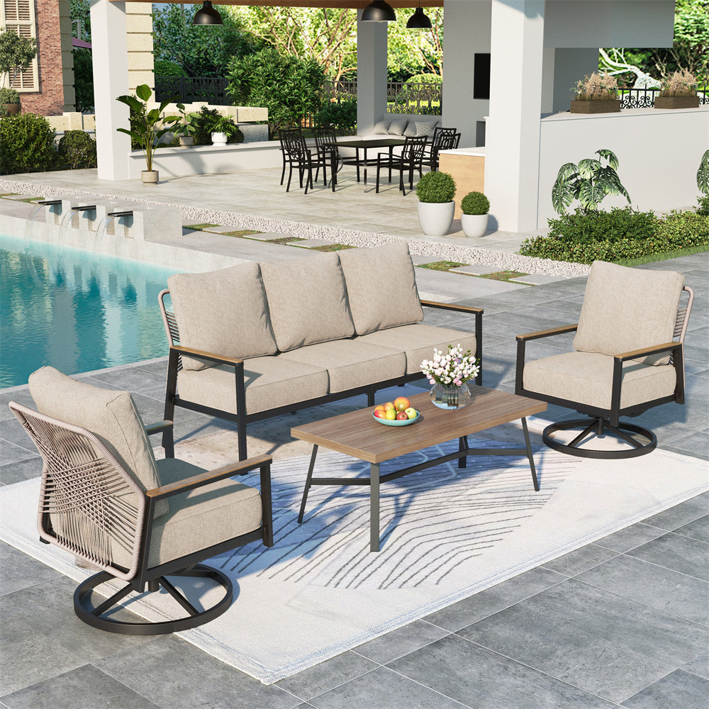 Patio Sofa Set With Iron-Woven Rattan Backrest