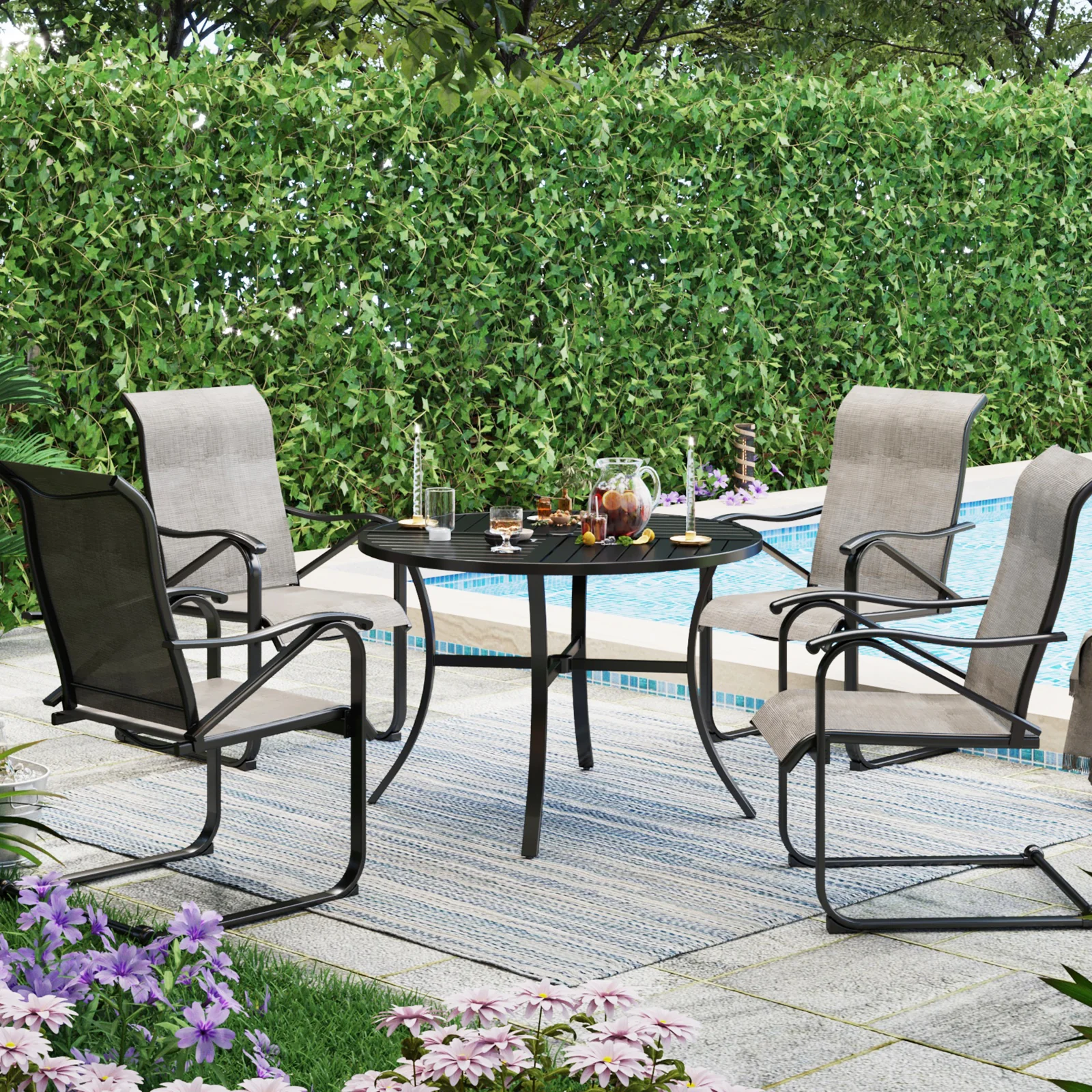 Image of MFSTUDIO 5-Piece Patio Dining Set Textilene C-spring Chairs & Geometrically Stamped Round Table