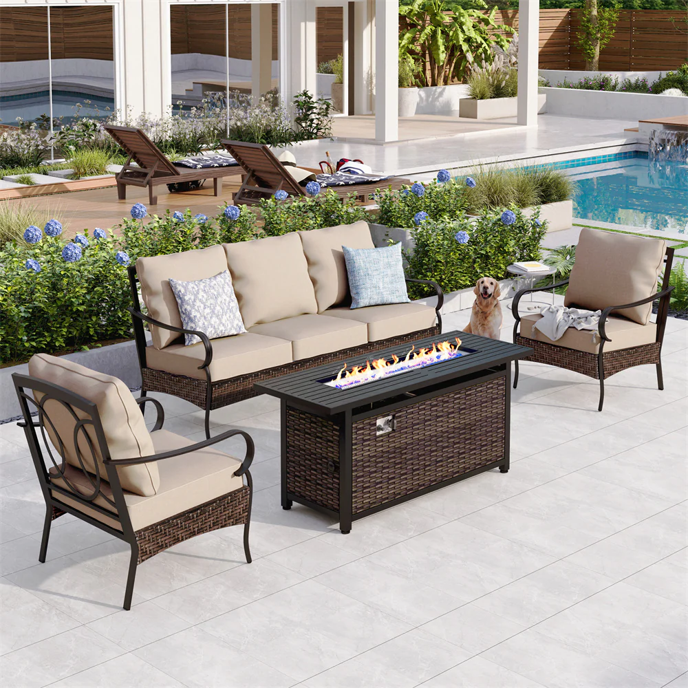 Image of Sophia & William 5-Seater Rattan-steel Luxurious Outdoor Sofa Set with 56" Fire Pit Table