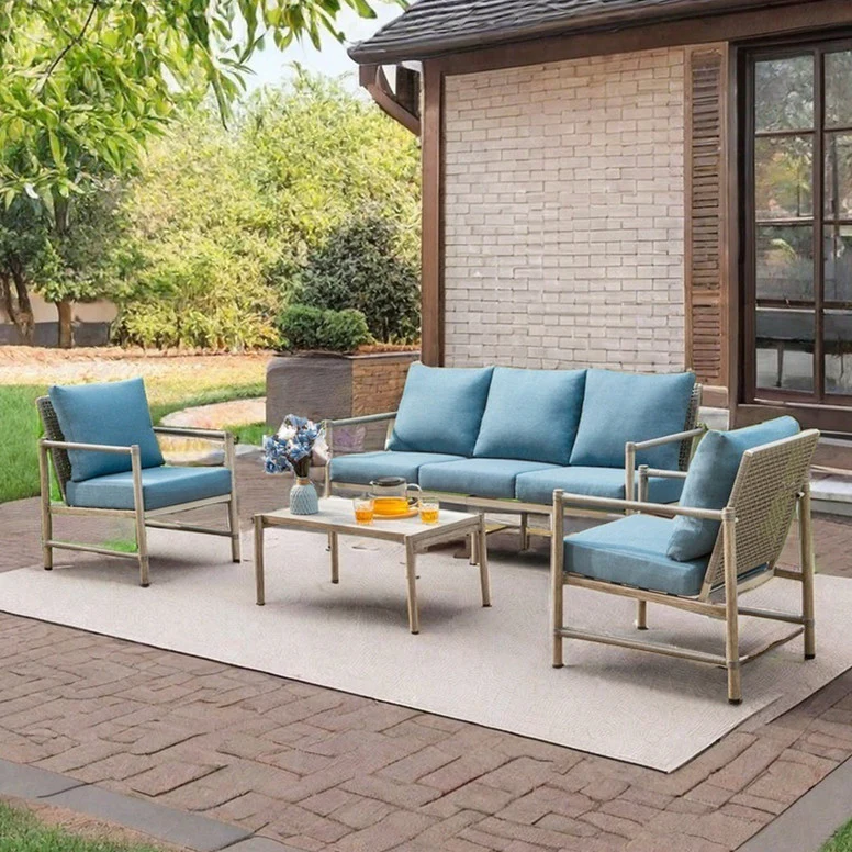 Image of PHI VILLA 5-Seat Outdoor Steel and Rattan Sofa with Wood Grain Coffee Table