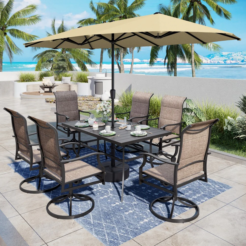 Image of PHI VILLA 8-Piece 13ft Umbrella Patio Dining Set with High Back Textilene Swivel Chair and Metal Table