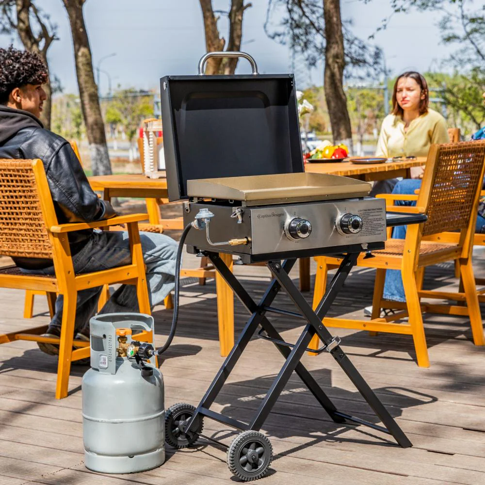 Image of Captiva Designs 2-in-1 Portable Gas Griddle with Foldable Cart for Camping & Backyard, 20,000 BTU