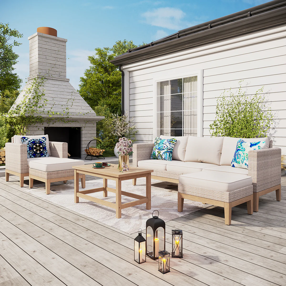 Image of 5-Piece Wooden Country Sofa with Ottoman - Sophia & William
