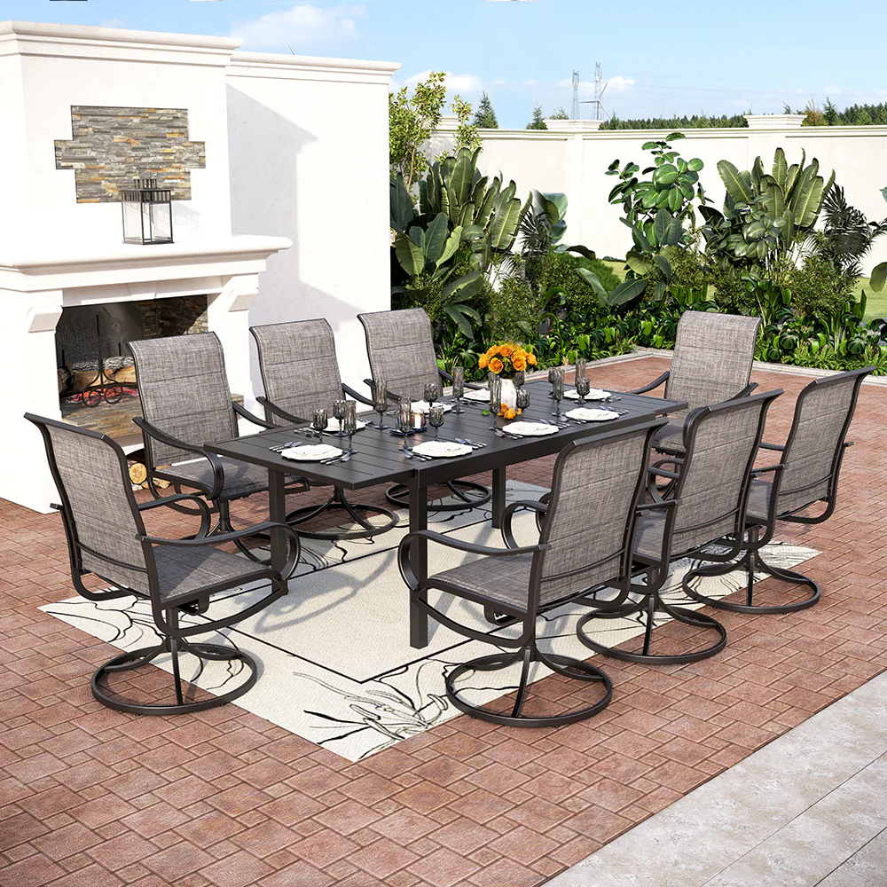 Image of PHI VILLA 9/7-Piece Adjustable Table + Textilene Swivel Chairs Patio Dining Set