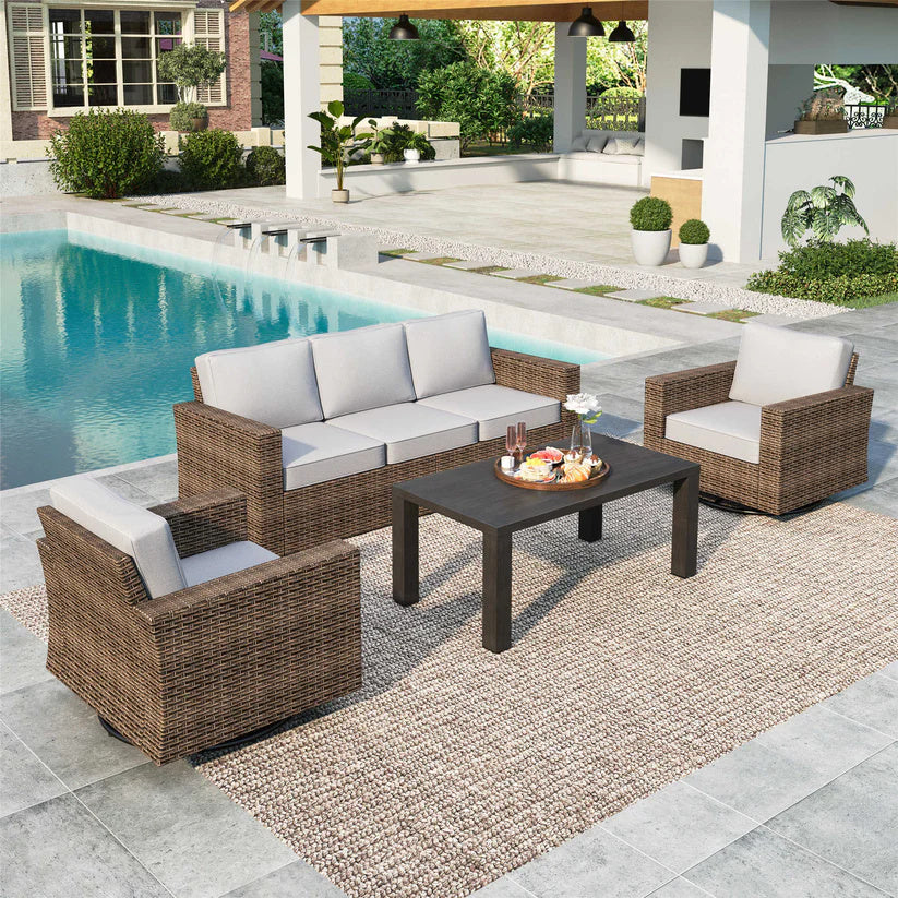 Image of Phi Villa Luxury 5 Seats Wicker Patio Conversation Sofa Set with Swivel Chairs
