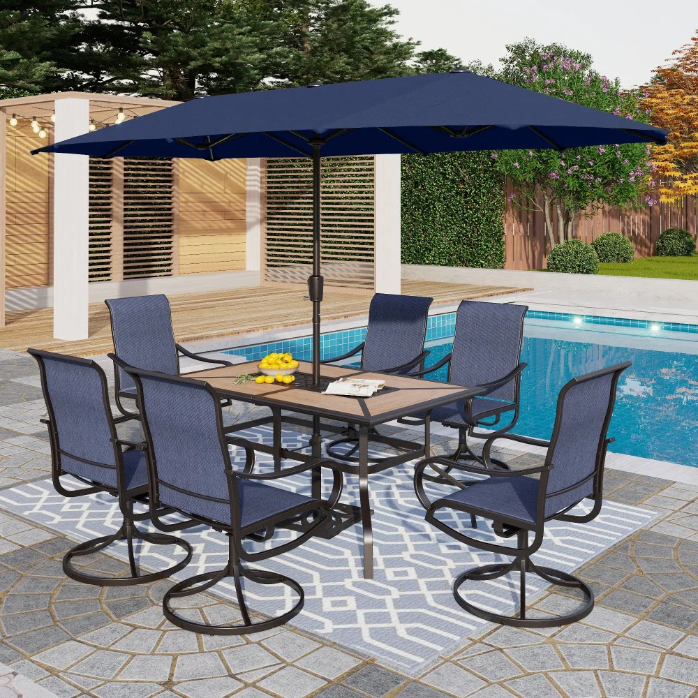 Image of PHI VILLA 8-Piece 13ft Umbrella Patio Dining Set with Textilene Swivel Chair and Wood-like Table