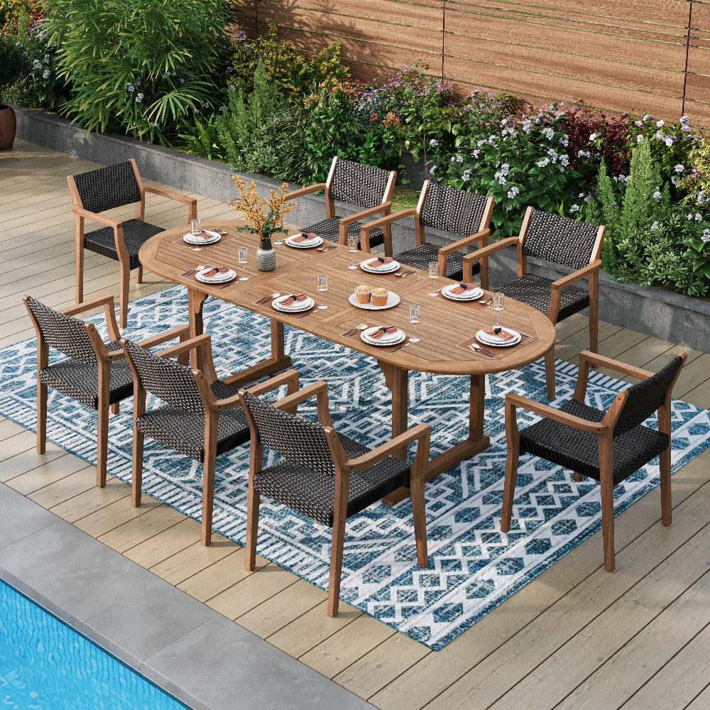 Image of 7/9 Piece Outdoor Acacia Wood Dining Set with Extendable Table and Rattan Chairs – PHI VILLA