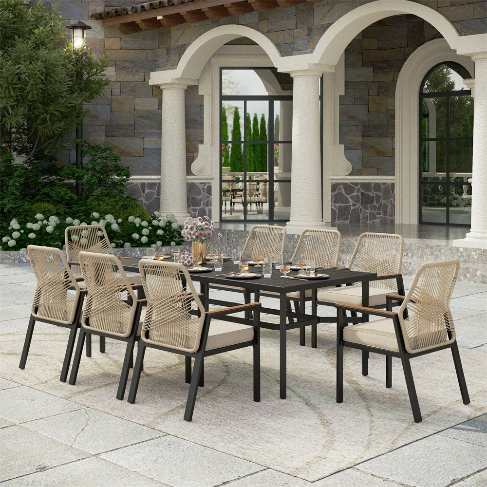 Image of PHI VILLA 9-Piece Outdoor Patio Dining Set with Handcrafted Rattan Rope Chairs