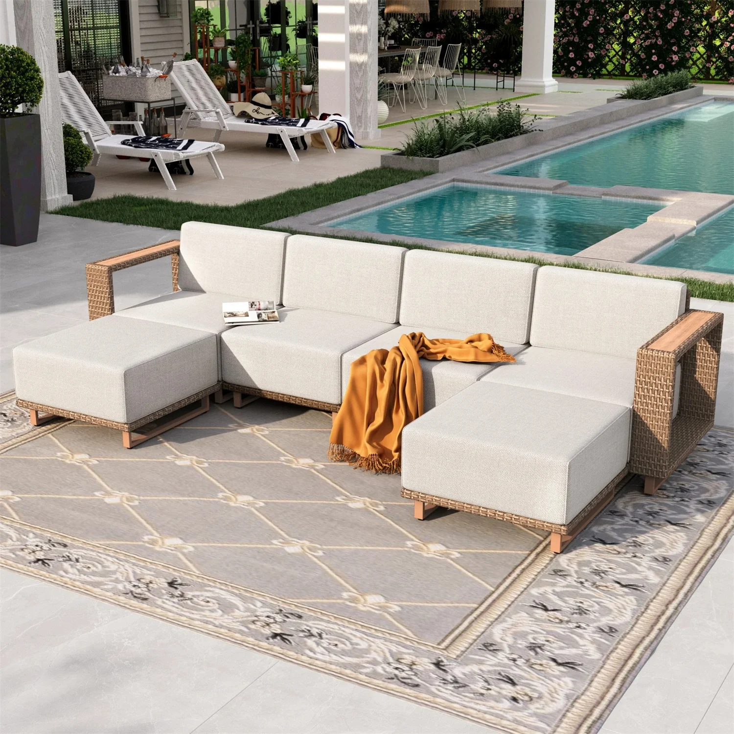 Image of Phi Villa 6-Seater Modern Wicker Outdoor Conversation Sofa set