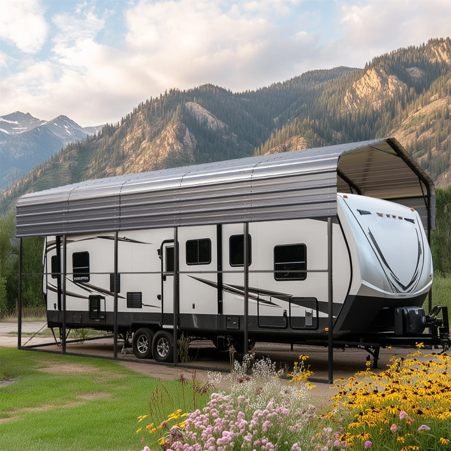 Image of 14ft Galvanized Heavy-Duty Outdoor Metal High RV Carports - PHI VILLA