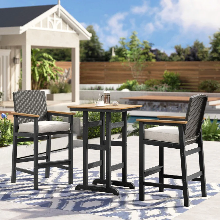 Image of PHIVILLA 3-Piece Outdoor High Bar Set with HDPE Wicker Stools & Wood-Like Table