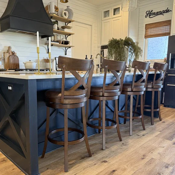 Image of Phi Villa 360° Swivel Retro Wooden Counter Height Bar Stools with Backs, Set of 4