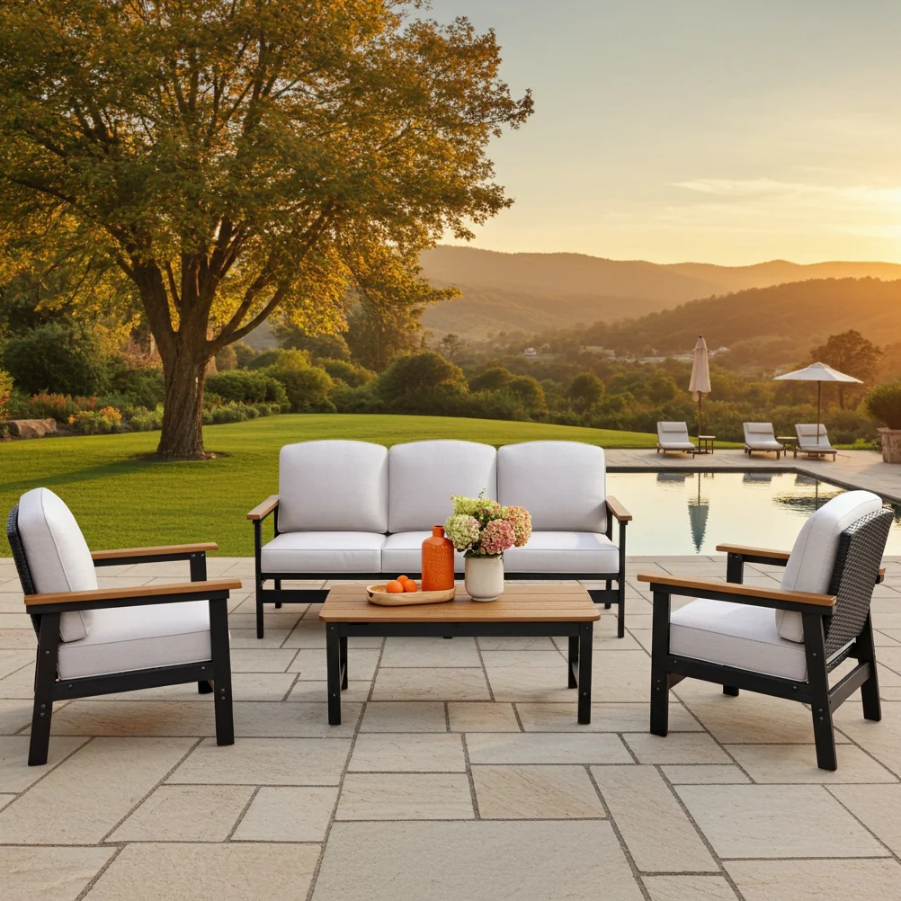 Image of 5-Seater Wicker Rattan & HDPE Outdoor Conversation Sofa Set with Coffee Table - Phi Villa