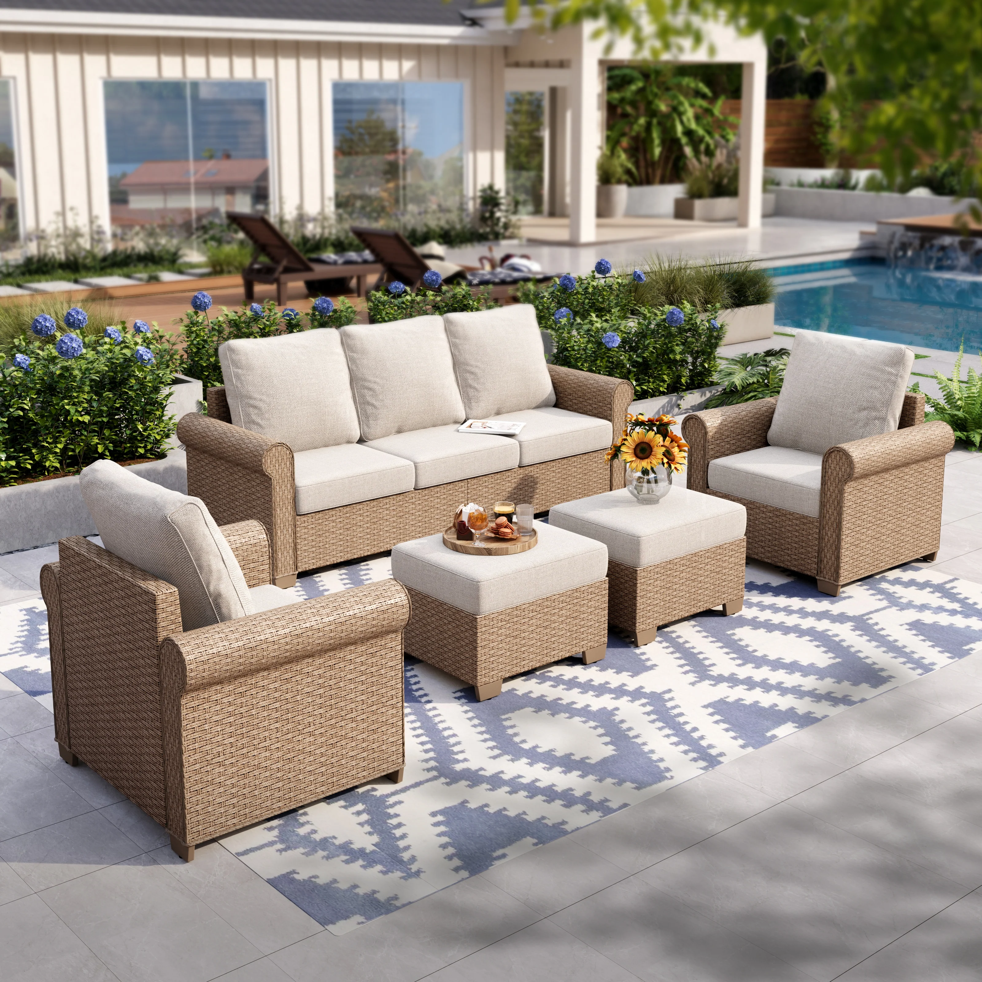 Image of Phi Villa Luxury 5 Seats Wicker Patio Conversation Sofa Set with Wider Armrests