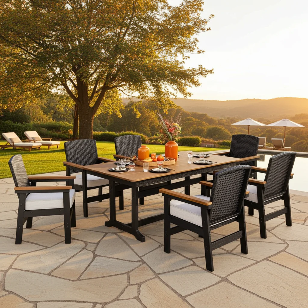 Image of PHIVILLA 7-Piece Outdoor Dining Set with HDPE Rattan Chair and Wood-grain Table