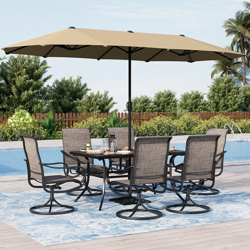 Image of PHI VILLA 8-Piece 13ft Umbrella Patio Dining Set Textilene Swivel Chairs & Steel Table