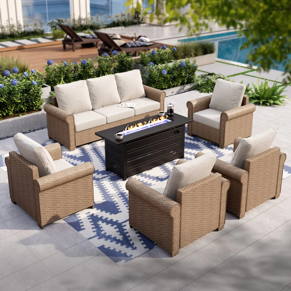 Image of Phi Villa Luxury Wicker Patio Conversation Sofa Set with Fire Pit Table