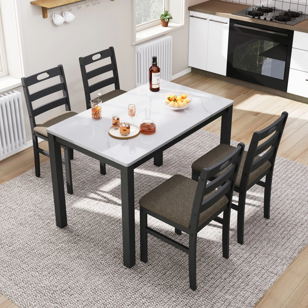 Image of 5-Piece Modern Farmhouse Dining Set with Faux Marble Tabletop & Rubber Wood Chairs- PHI VILLA