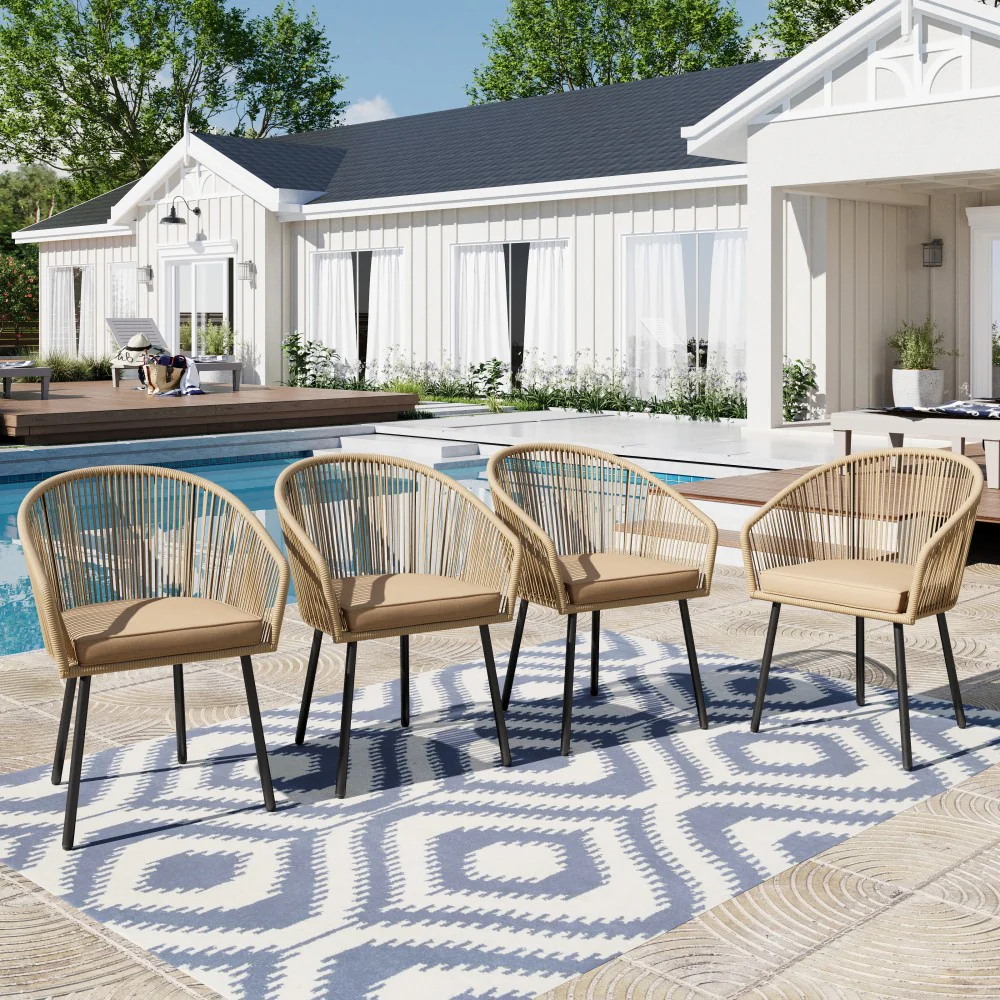 Image of PHI VILLA All-Weather Rope Rattan Outdoor Dining Chairs Set of 4