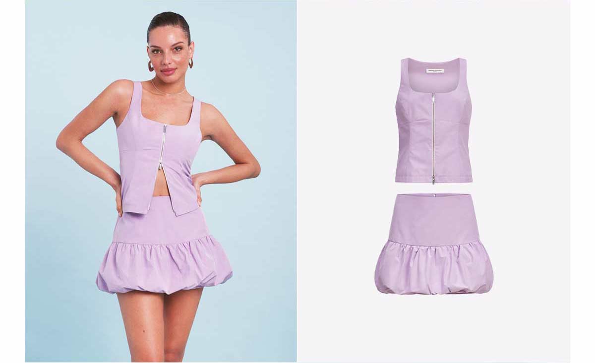 girl in a lilac top and skirt 