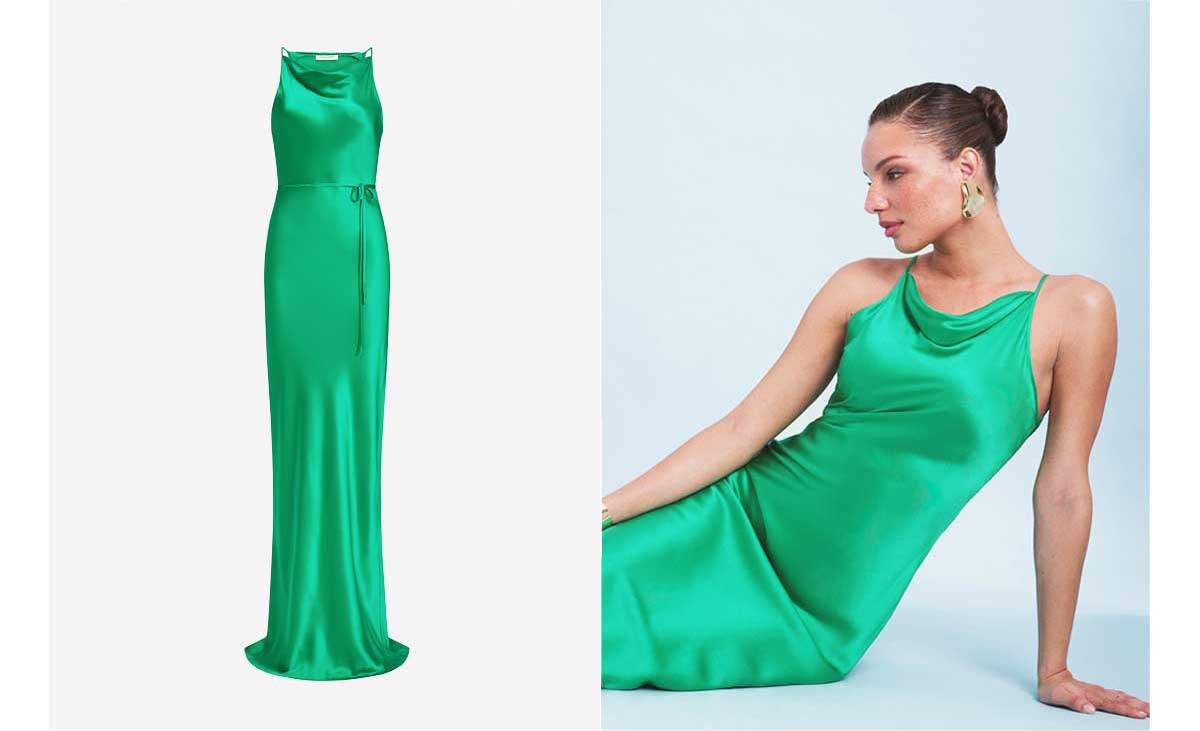 girl in a green silk maxi gown
