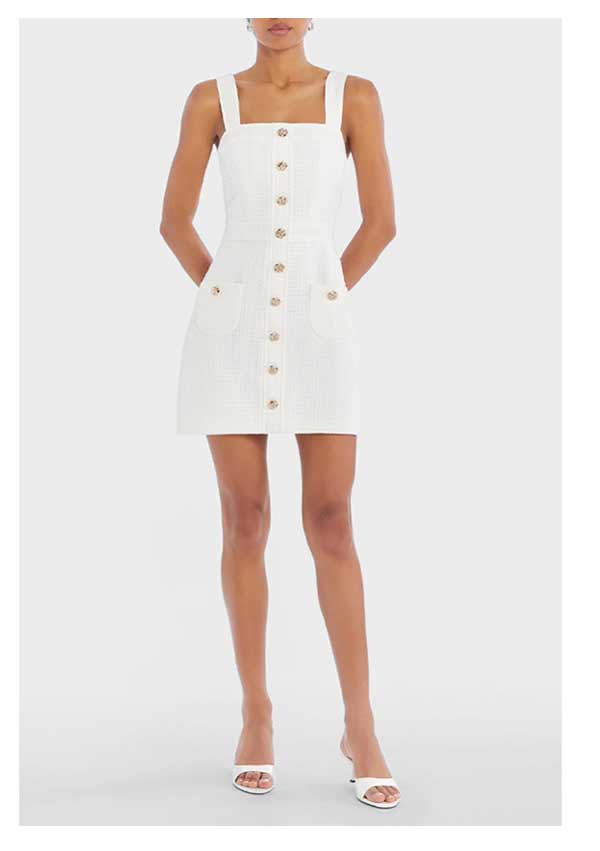 girl in a white tweed dress