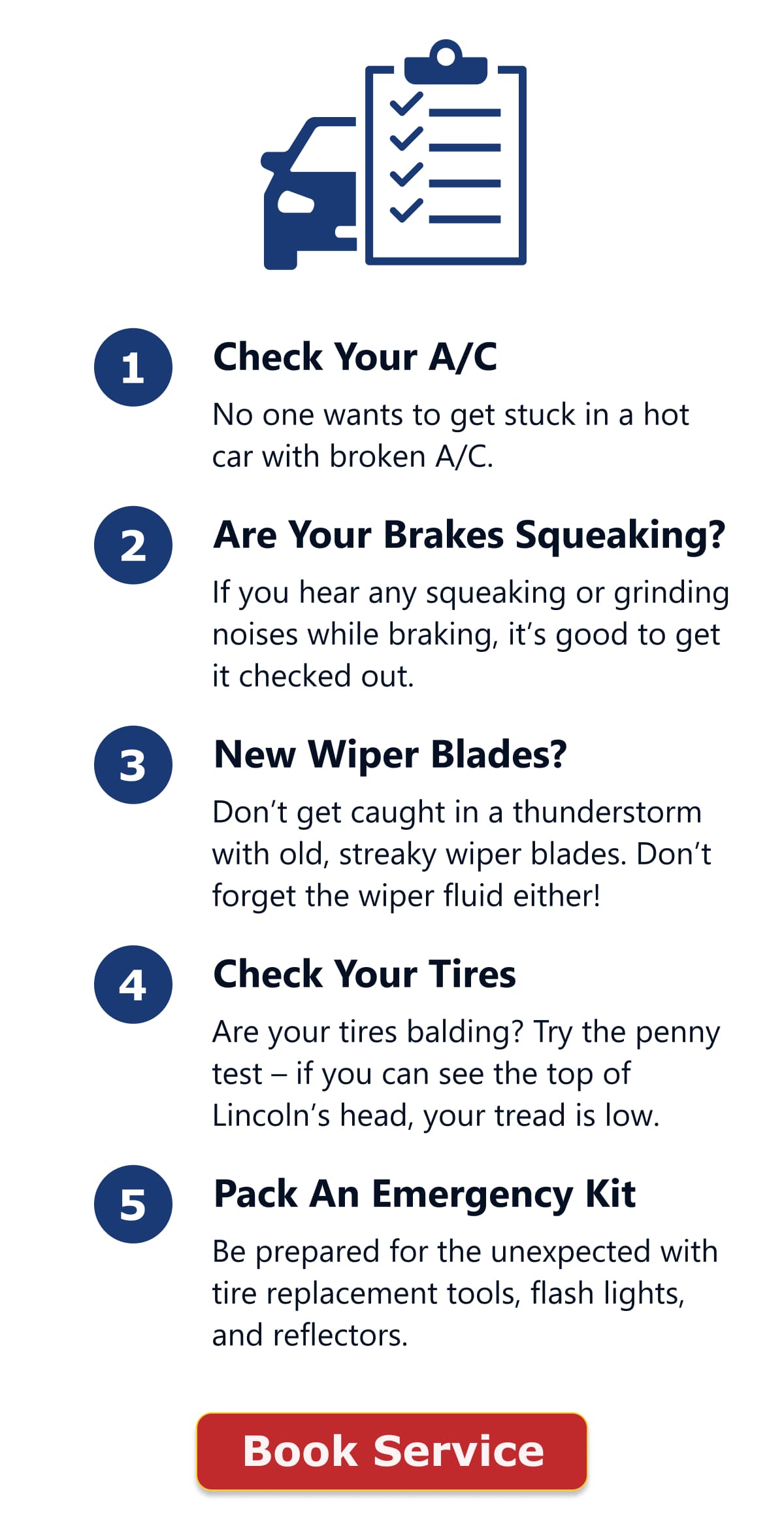 Maintenance checklist (A/C, brakes, wiper blades, tires, emergency kit)