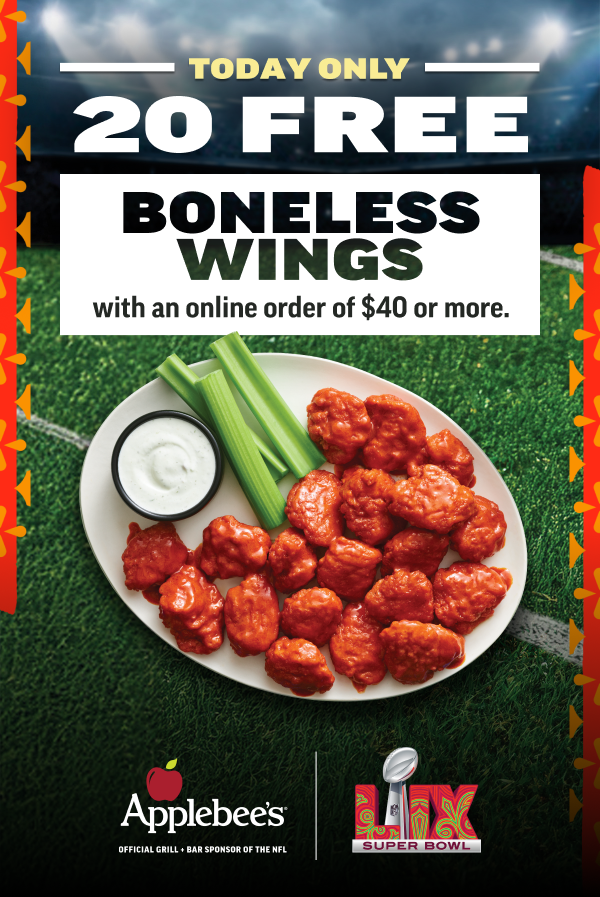 Today Only: 20 Free Boneless Wings With an Online Order of $40 or More.