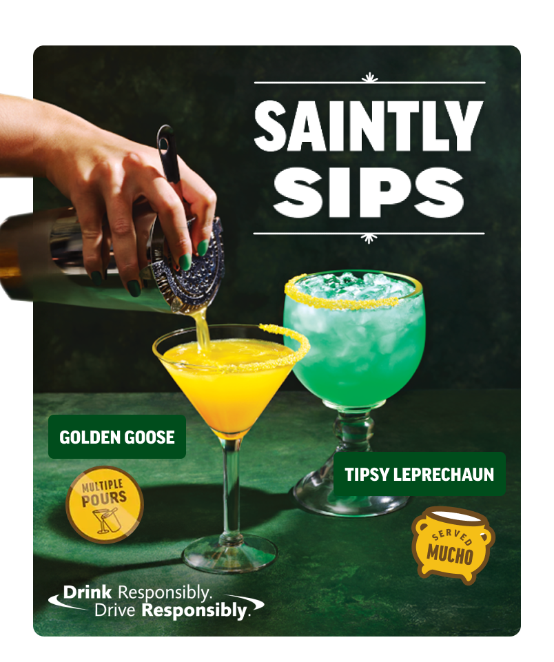 Saintly Sips, Served Mucho. Drink Responsibly. Drive Responsibly