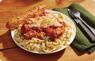 Array Of Foods: Chicken Parmesan Fettuccine, Oriental Chicken Salad, and NEW Big Bangin' Burger