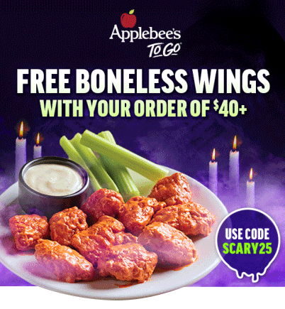 Free Boneless Wings With Your Order Of $40+. Use Code SCARY25. Applebee's To Go