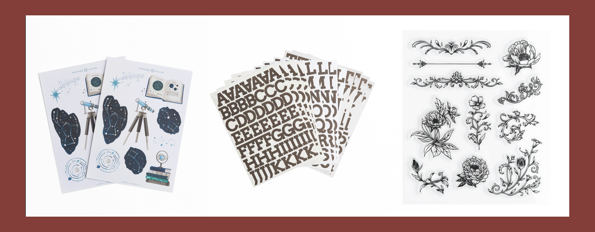 Journaling accessories like stamps, paper, stickers