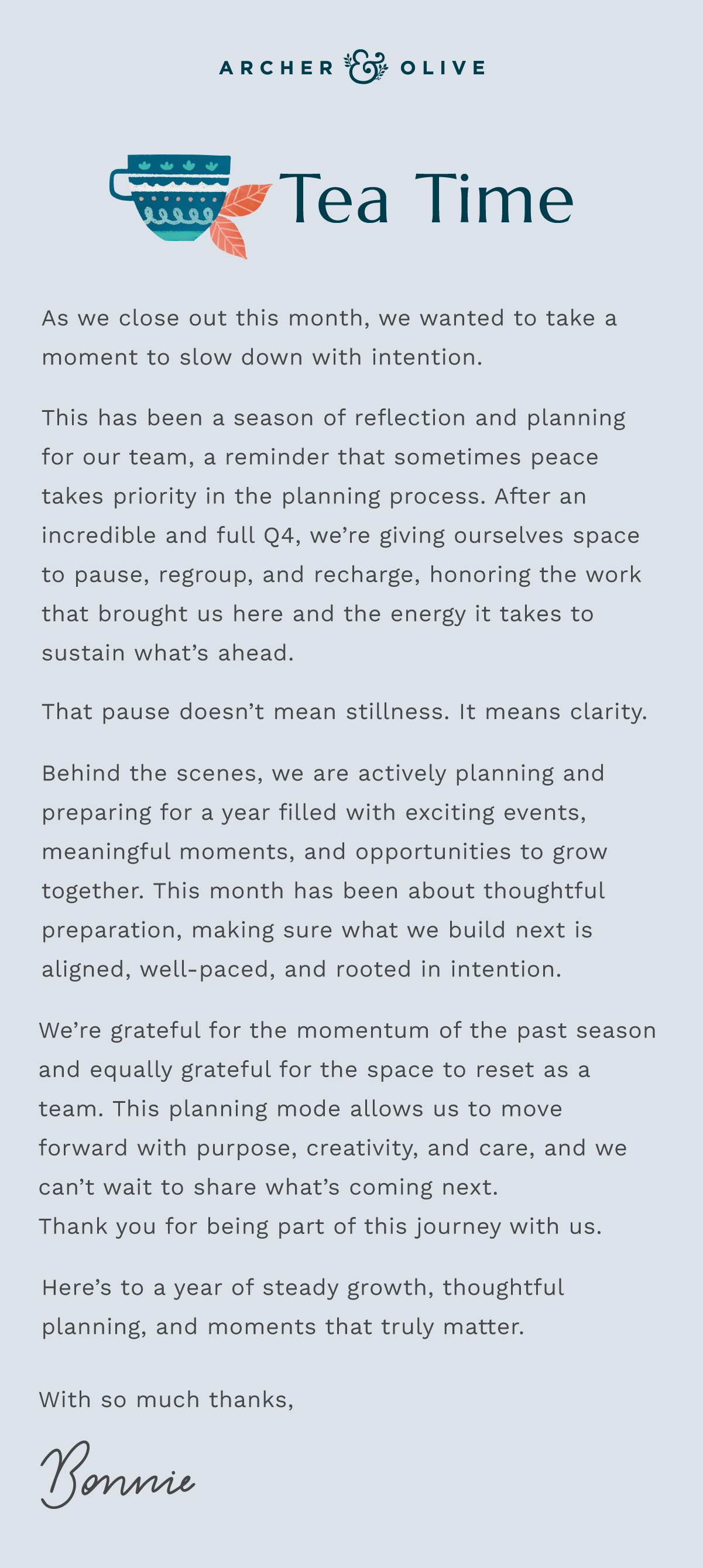 Monthly company update from Bonnie