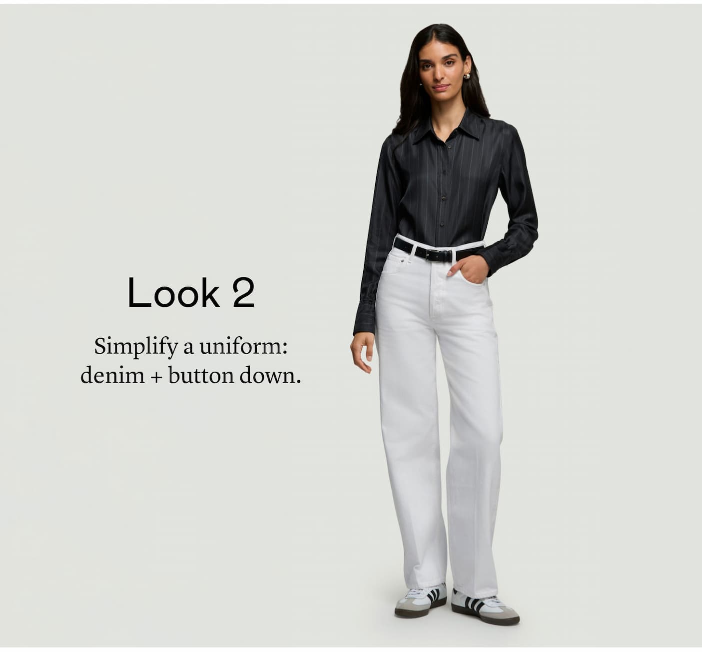 Look 2: Simplify a uniform: denim + button down.