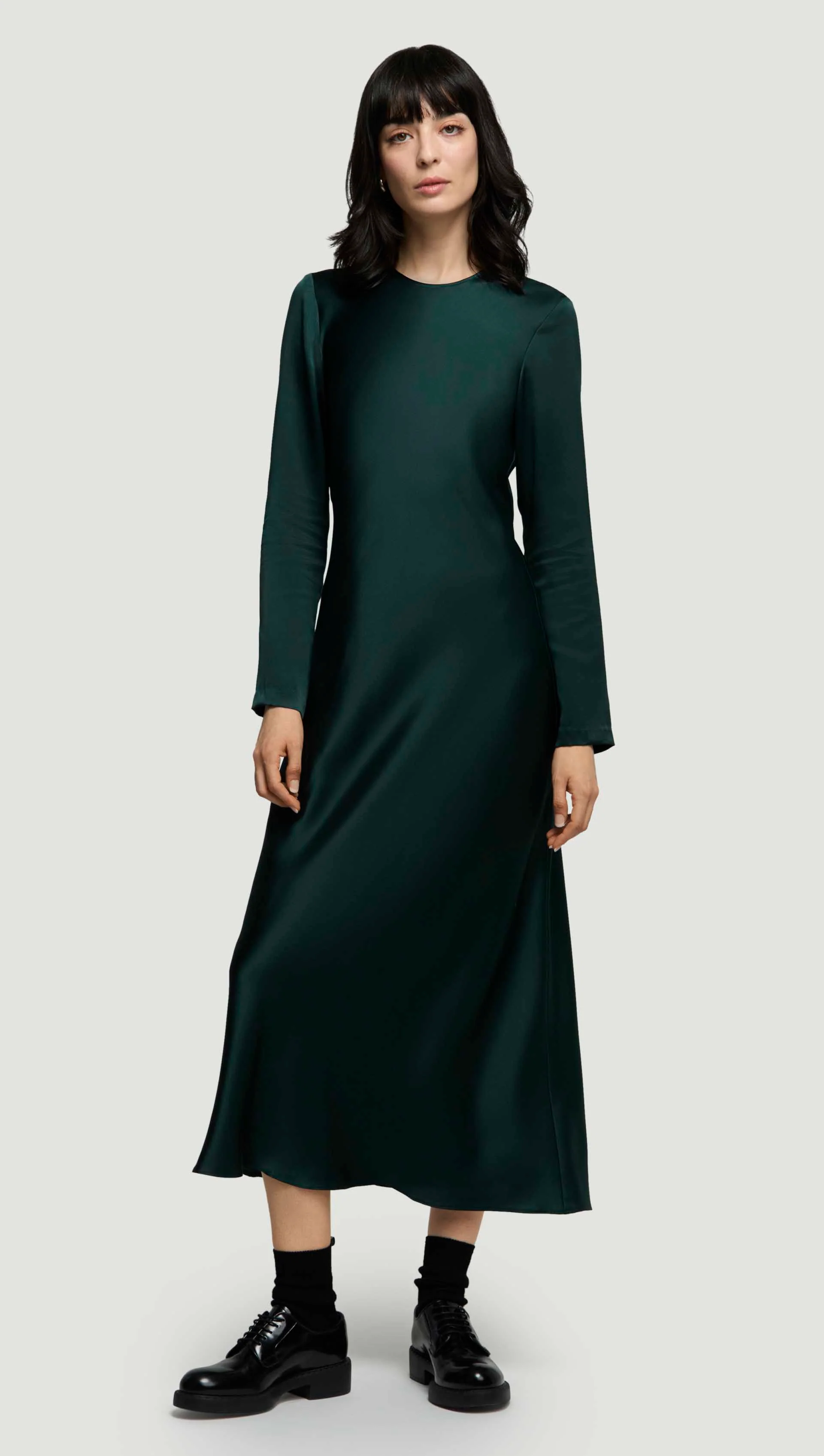 Image of Longsleeve Bias Dress in Silk Charmeuse | Deep Forest