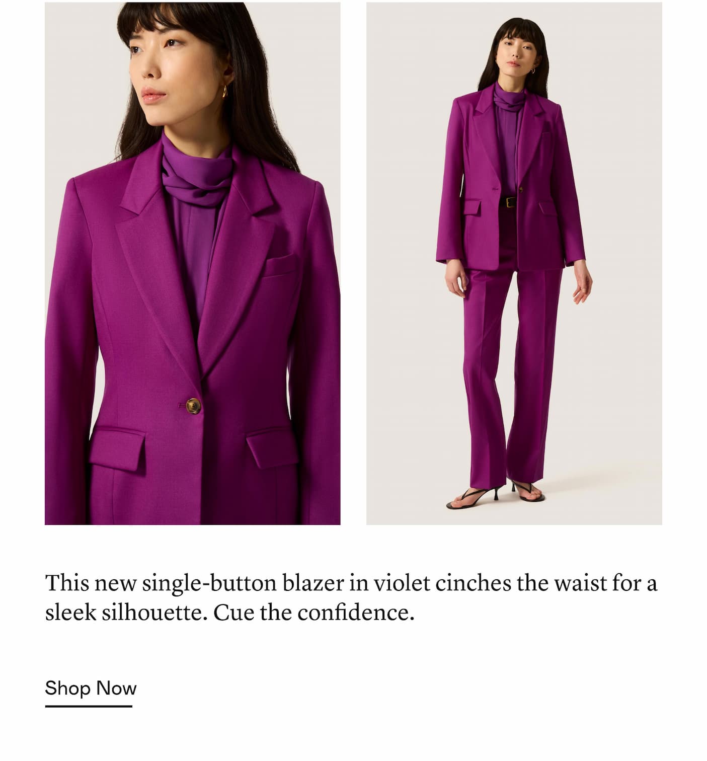 This new single-button blazer in violet cinches the waist for a sleek silhouette. Cue the confidence.
