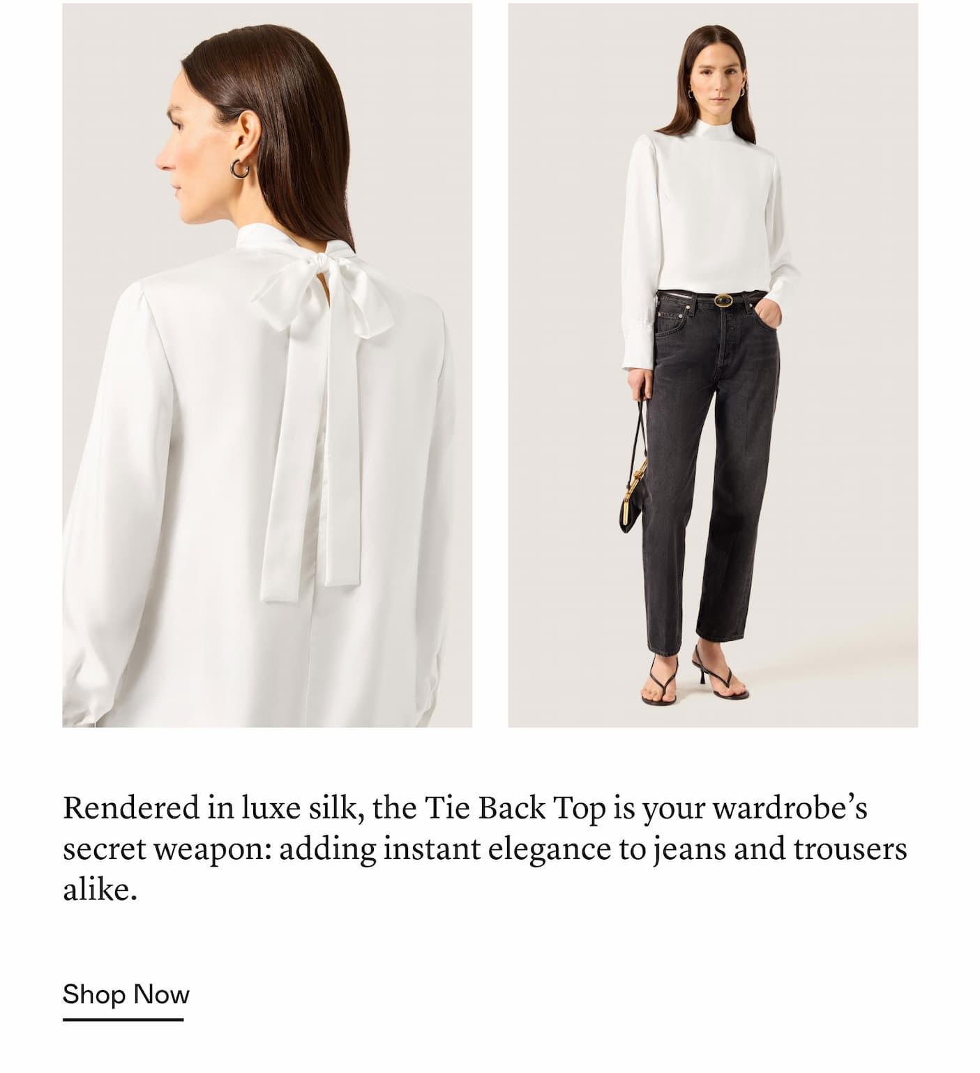 Rendered in luxe silk, the Tie Back Top is your wardrobe’s secret weapon: adding instant elegance to jeans and trousers alike.