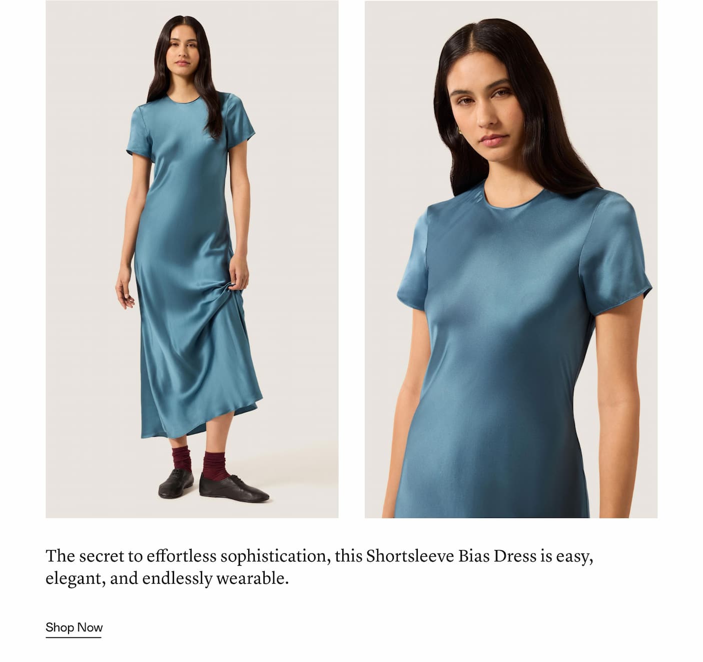 The secret to effortless sophistication, this Shortsleeve Bias Dress is easy, elegant, and endlessly wearable.