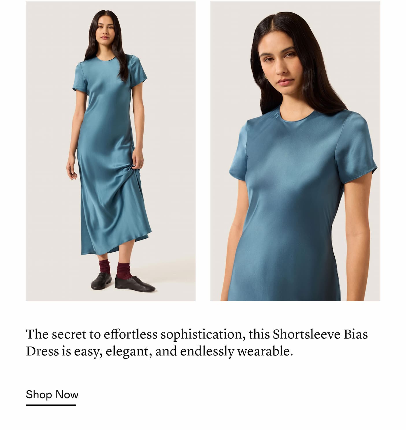 The secret to effortless sophistication, this Shortsleeve Bias Dress is easy, elegant, and endlessly wearable.
