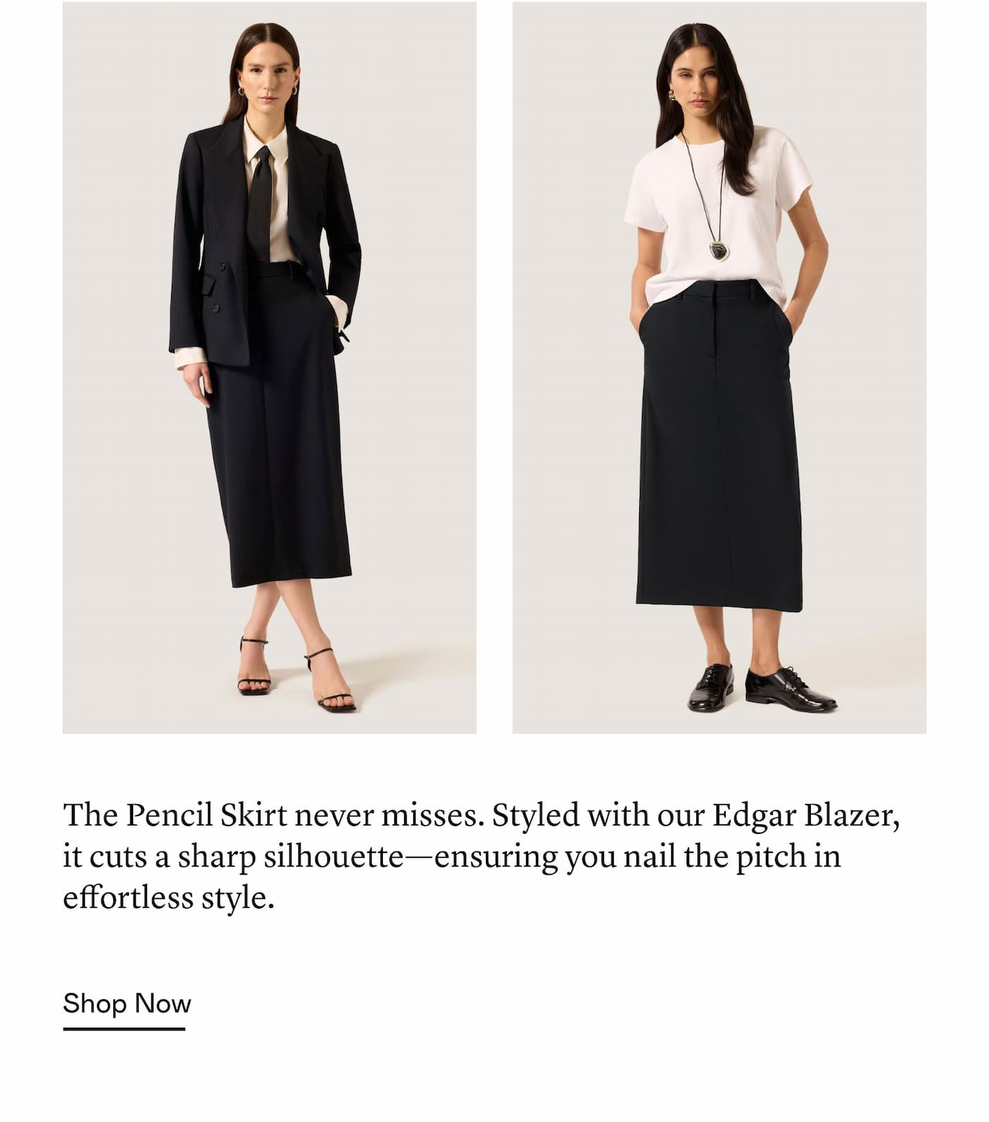 The Pencil Skirt never misses. Styled with our Edgar Blazer, it cuts a sharp silhouette—ensuring you nail the pitch in effortless style. 