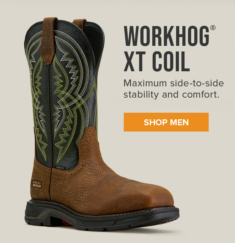 Men's Workhog square toe boot in brown with black, green, and white embroidery